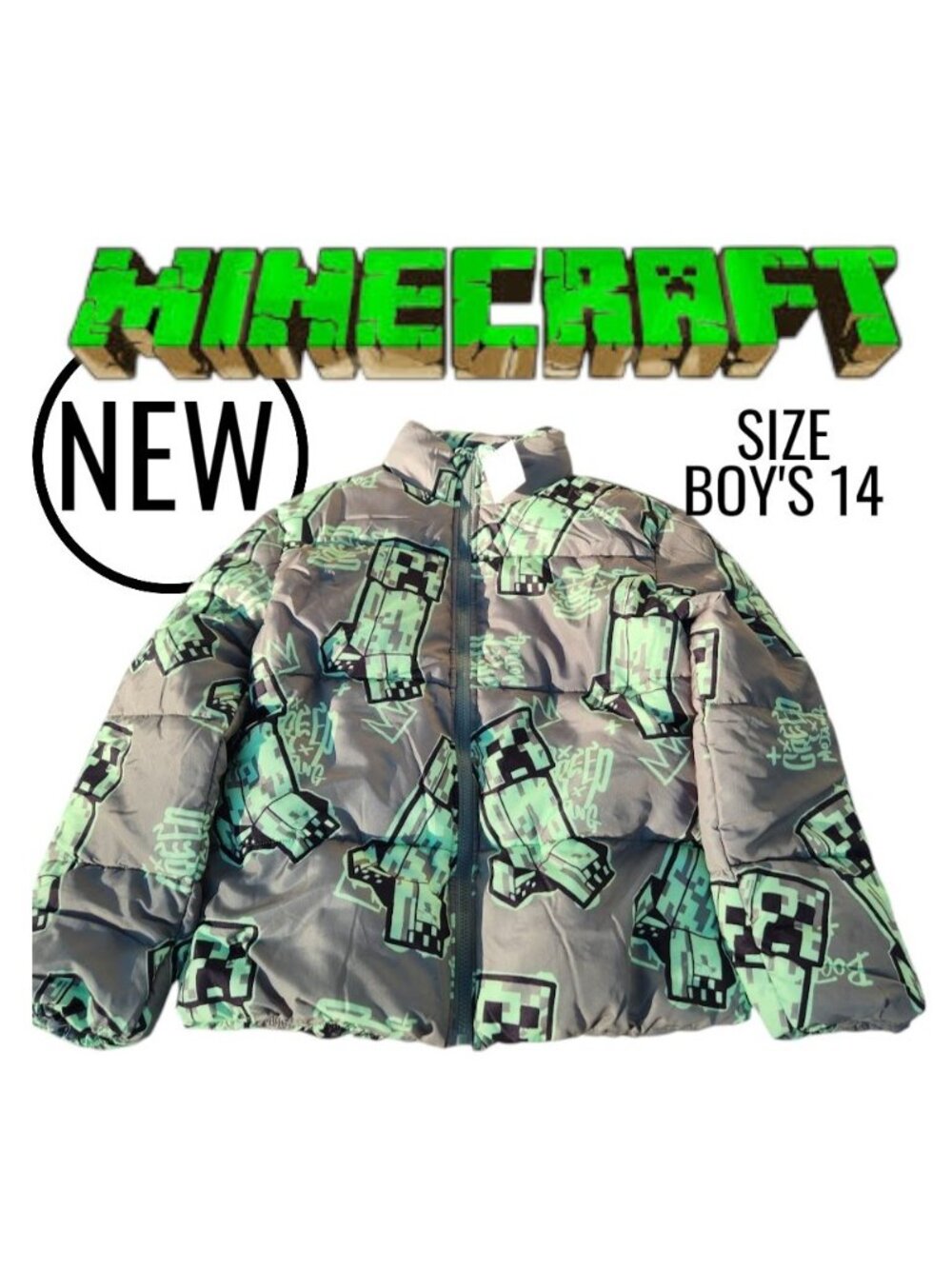 NEW Minecraft Boys Creeper Zip Puffer Jacket Lightweight Size 14 Zippered Size: